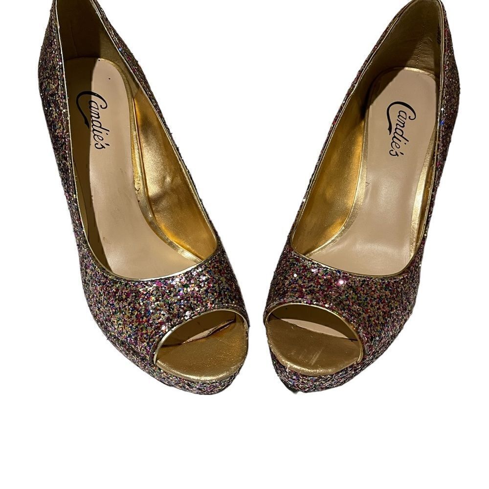 Womens 8.5M Candie's Glitter Open-Toe 4.5" Holiday Party Dance Heels Pumps Shoes - Picture 5 of 5